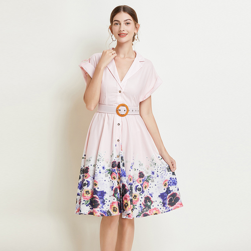 Printing with belt retro niche ladies dress