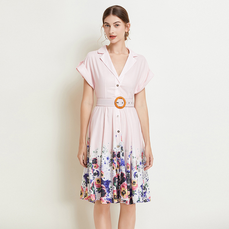 Printing with belt retro niche ladies dress