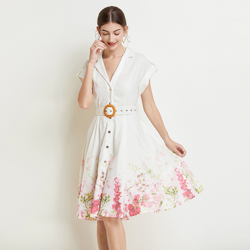 Retro printing temperament ladies with belt dress