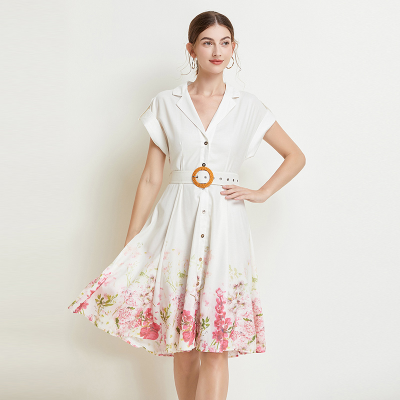 Retro printing temperament ladies with belt dress