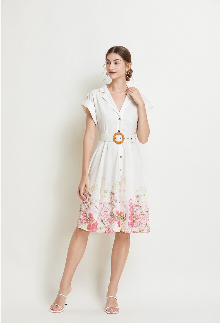 Retro printing temperament ladies with belt dress