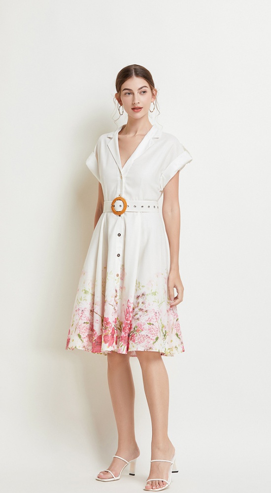 Retro printing temperament ladies with belt dress