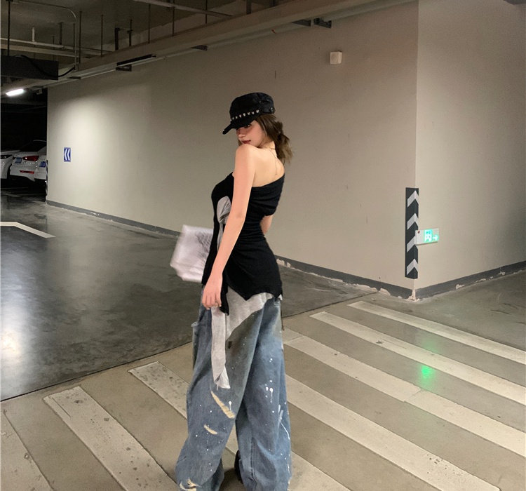 Sexy wide leg slim tops holes printing loose jeans