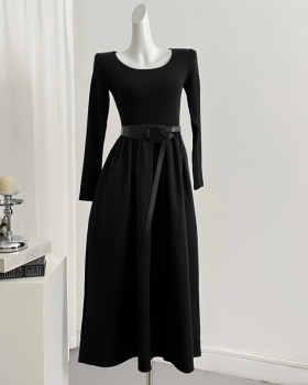 Pinched waist Hepburn style long dress long sleeve dress