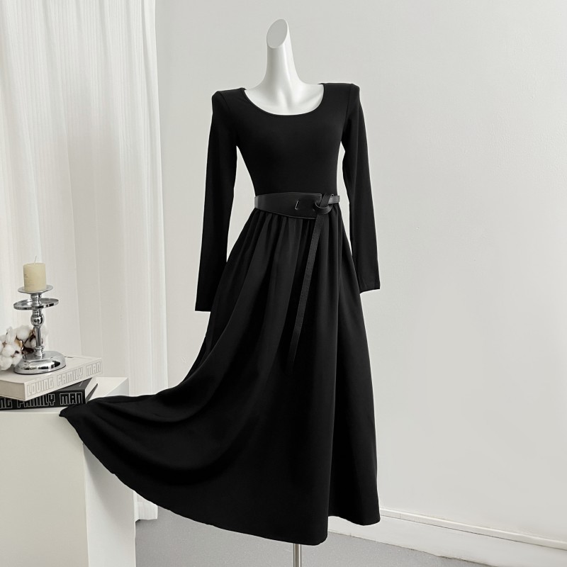 Pinched waist Hepburn style long dress long sleeve dress