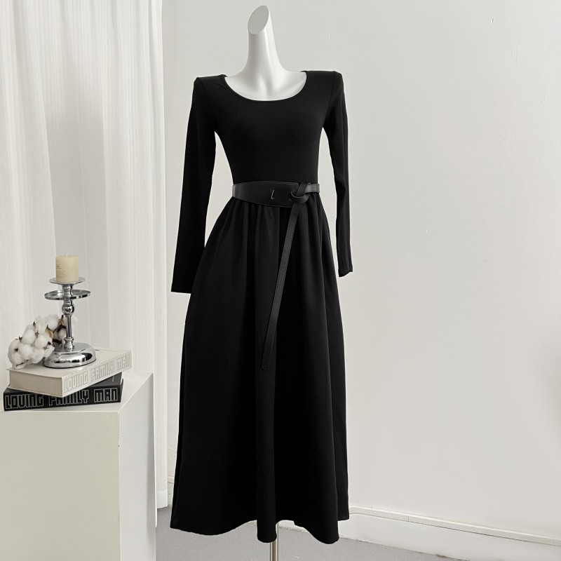 Pinched waist Hepburn style long dress long sleeve dress