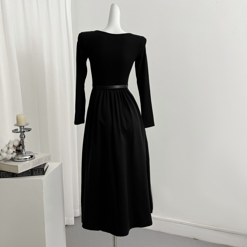 Pinched waist Hepburn style long dress long sleeve dress