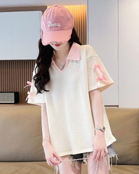 Bow mixed colors embroidery short sleeve T-shirt for women
