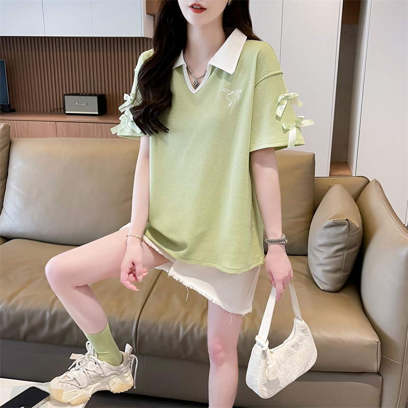 Bow mixed colors embroidery short sleeve T-shirt for women