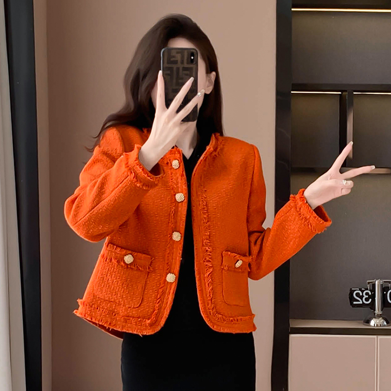 Niche orange autumn coat chanelstyle short tops for women