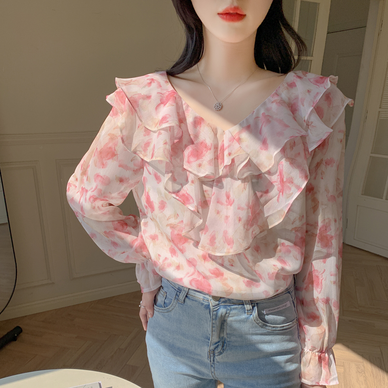 Floral autumn niche shirt V-neck chiffon tops