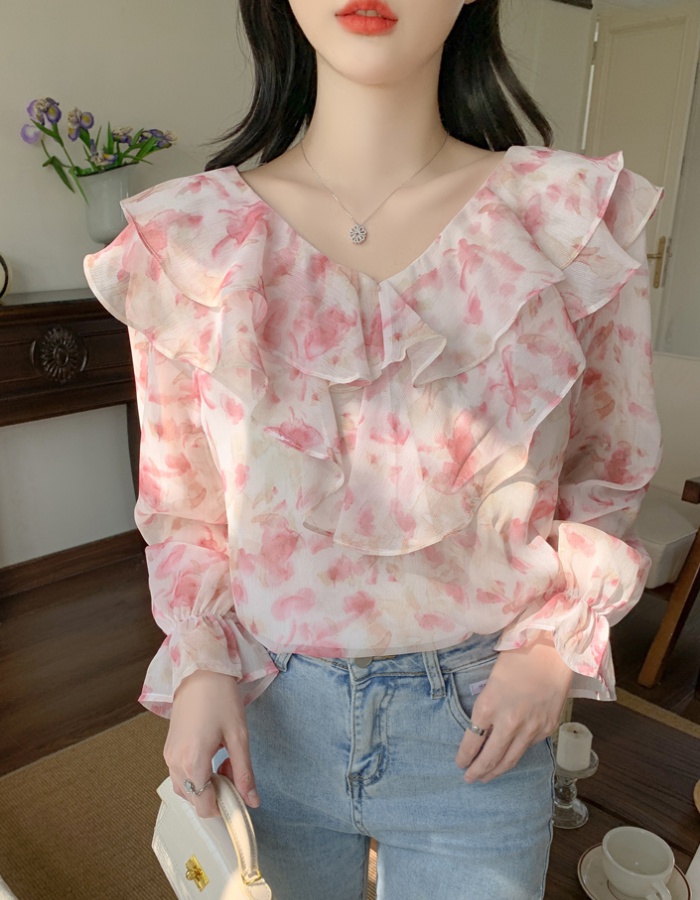 Floral autumn niche shirt V-neck chiffon tops