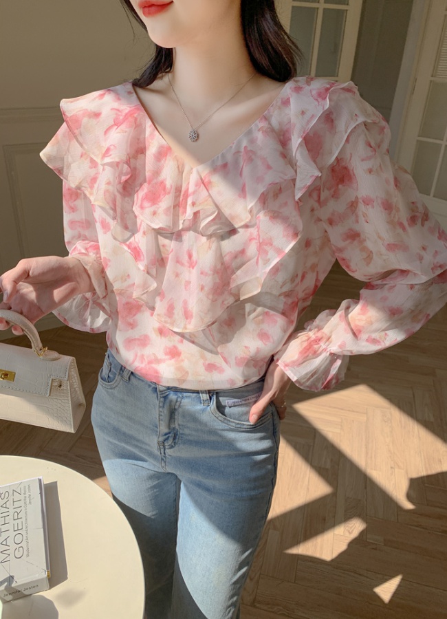 Floral autumn niche shirt V-neck chiffon tops