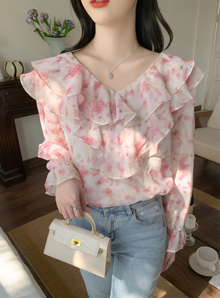 Floral autumn niche shirt V-neck chiffon tops