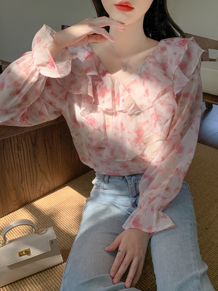 Floral autumn niche shirt V-neck chiffon tops