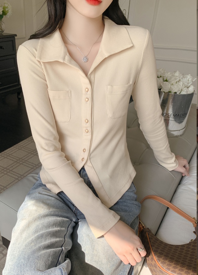 Long sleeve autumn split knitted pinched waist shirt