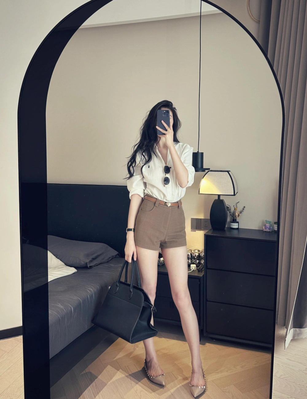 Loose slim shirt American style pony shorts a set