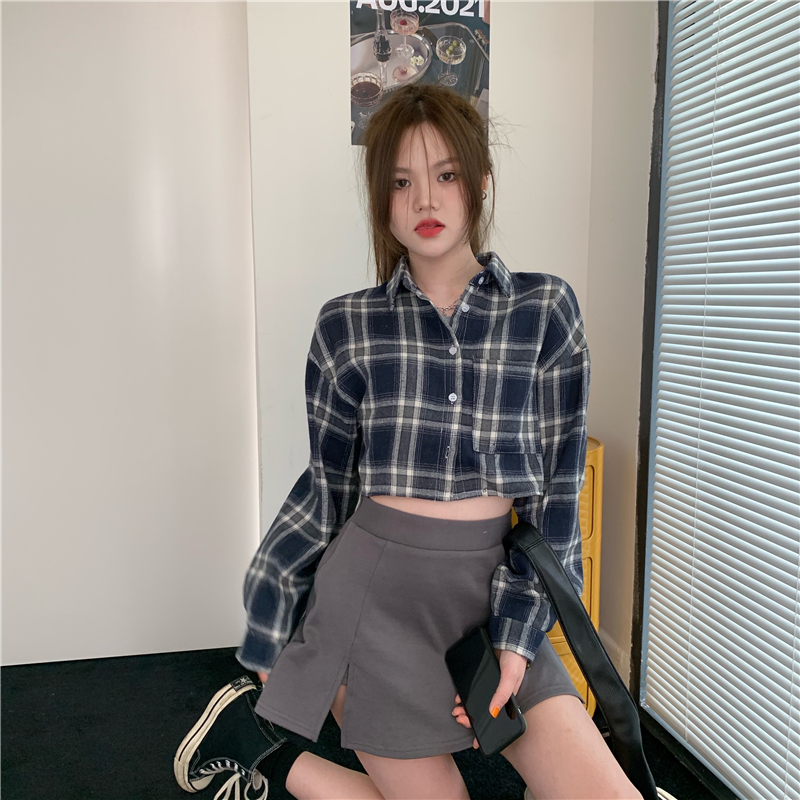 Loose plaid shirt long sleeve short tops