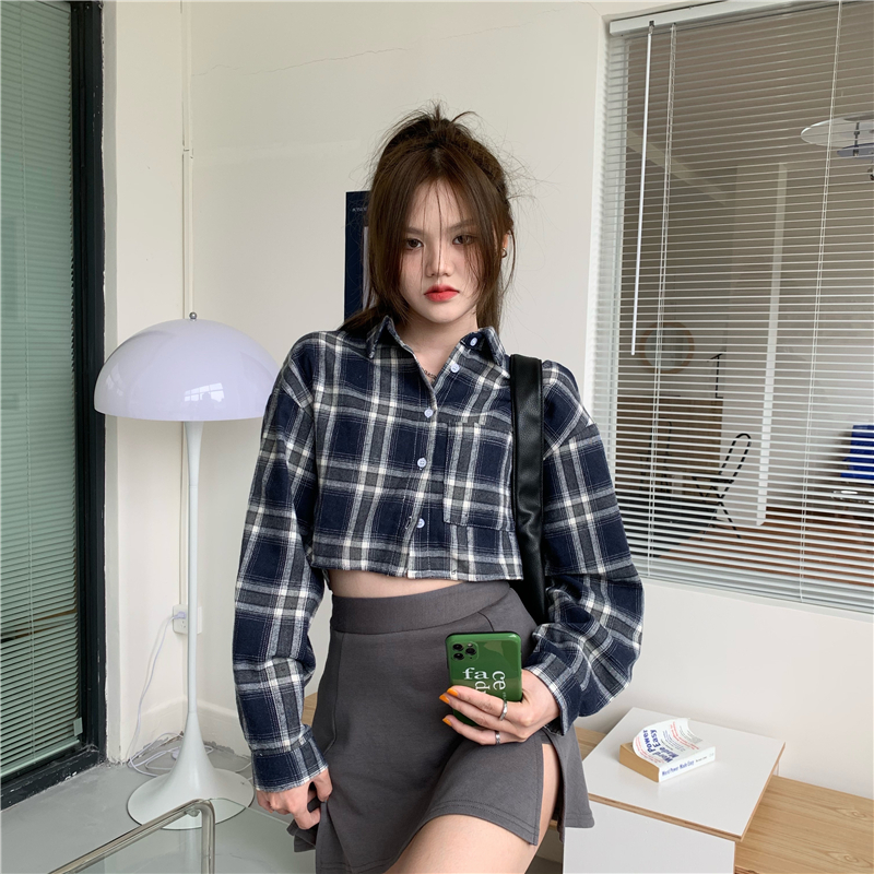 Loose plaid shirt long sleeve short tops