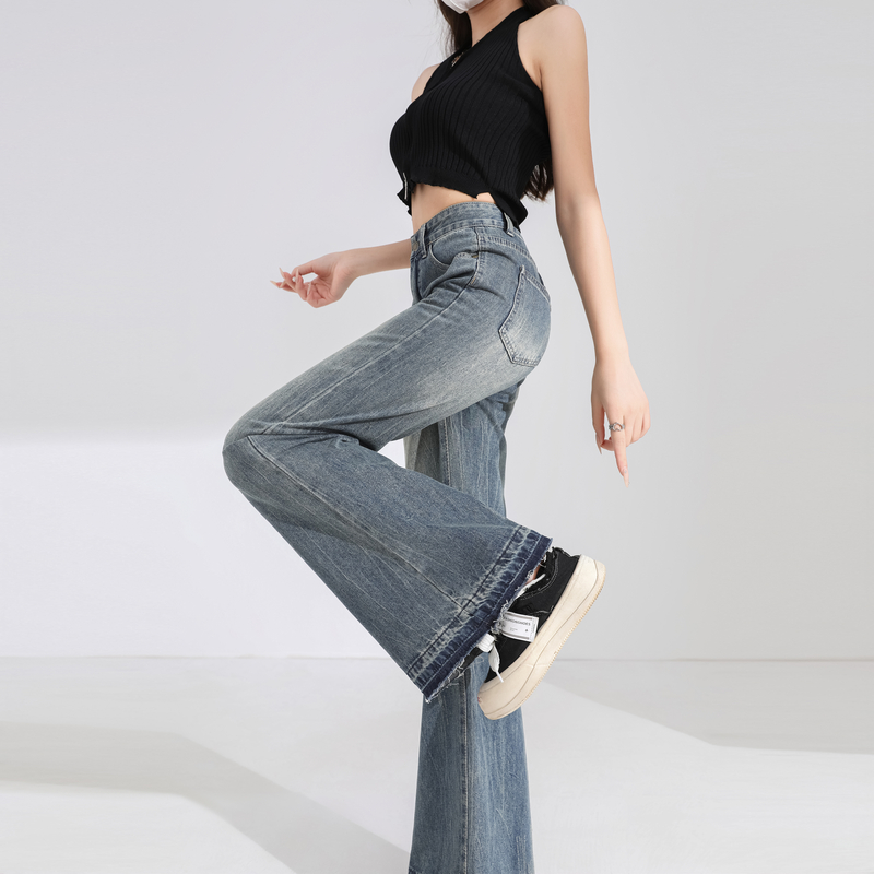 High waist speaker jeans micro speaker burr long pants