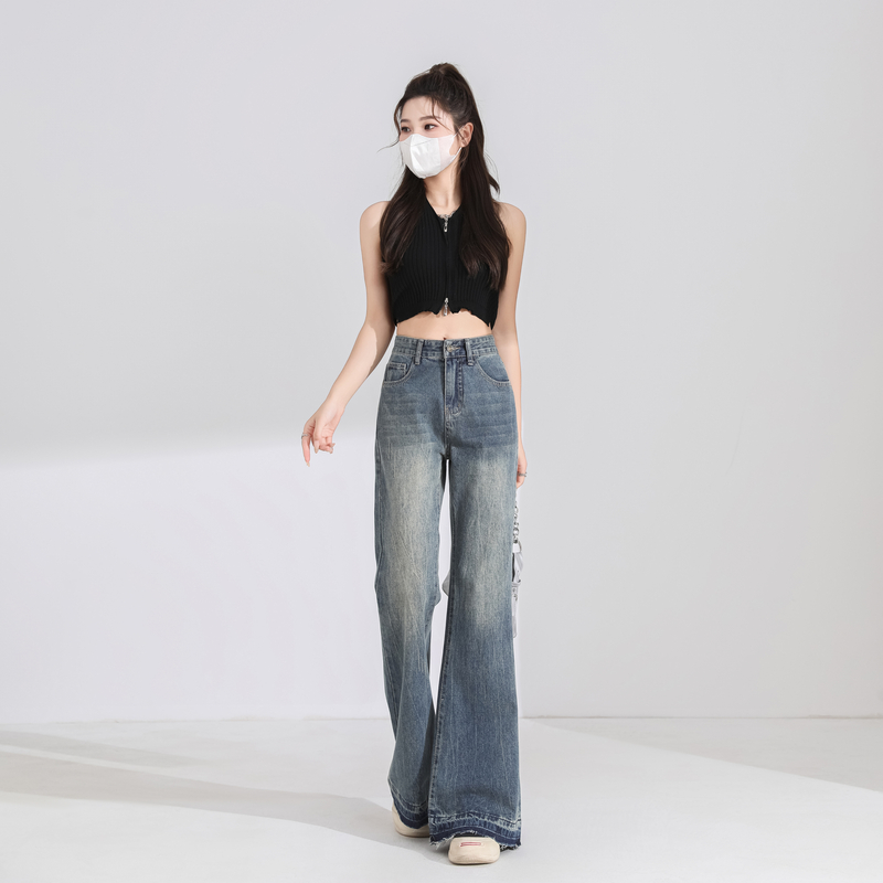 High waist speaker jeans micro speaker burr long pants