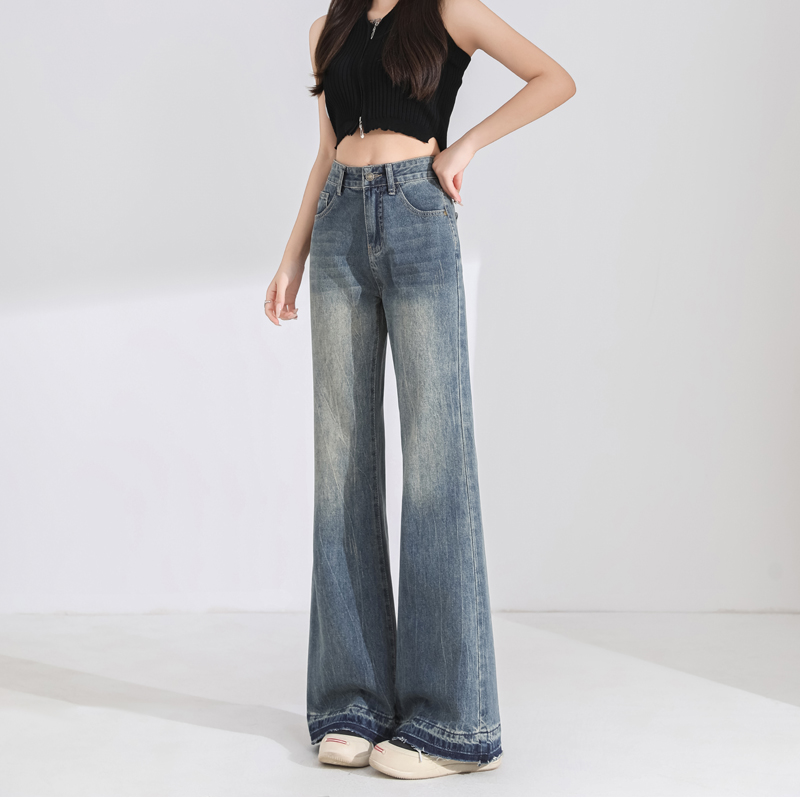 High waist speaker jeans micro speaker burr long pants