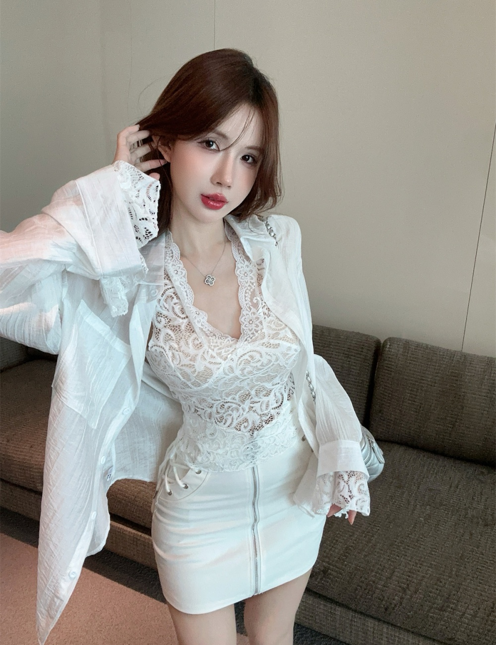 Sunscreen white lace vest lazy unique niche shirt 2pcs set