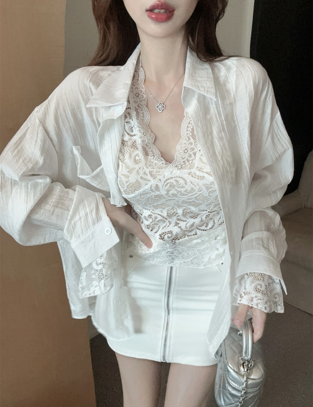 Sunscreen white lace vest lazy unique niche shirt 2pcs set