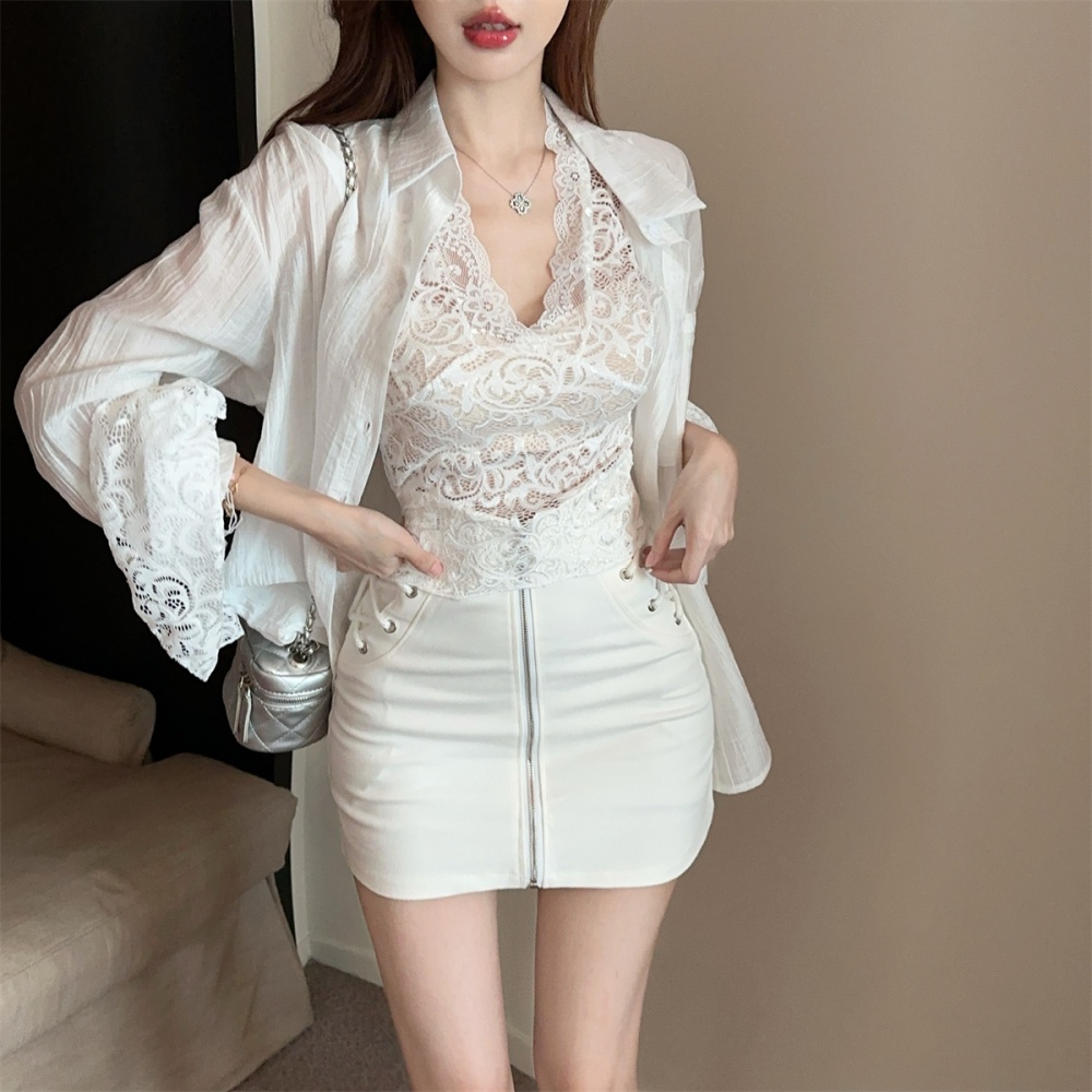 Sunscreen white lace vest lazy unique niche shirt 2pcs set