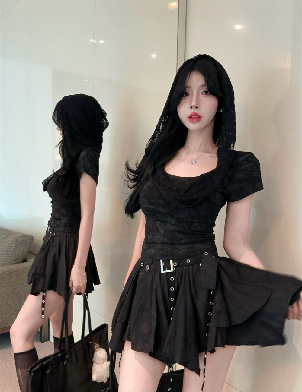 Lace skirt hem sunscreen tops irregular retro shirts a set