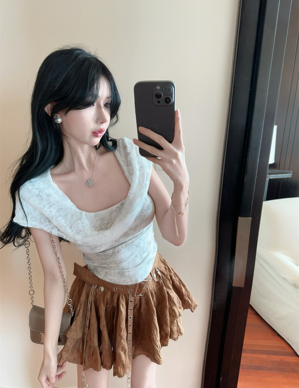 Lace skirt hem sunscreen tops irregular retro shirts a set