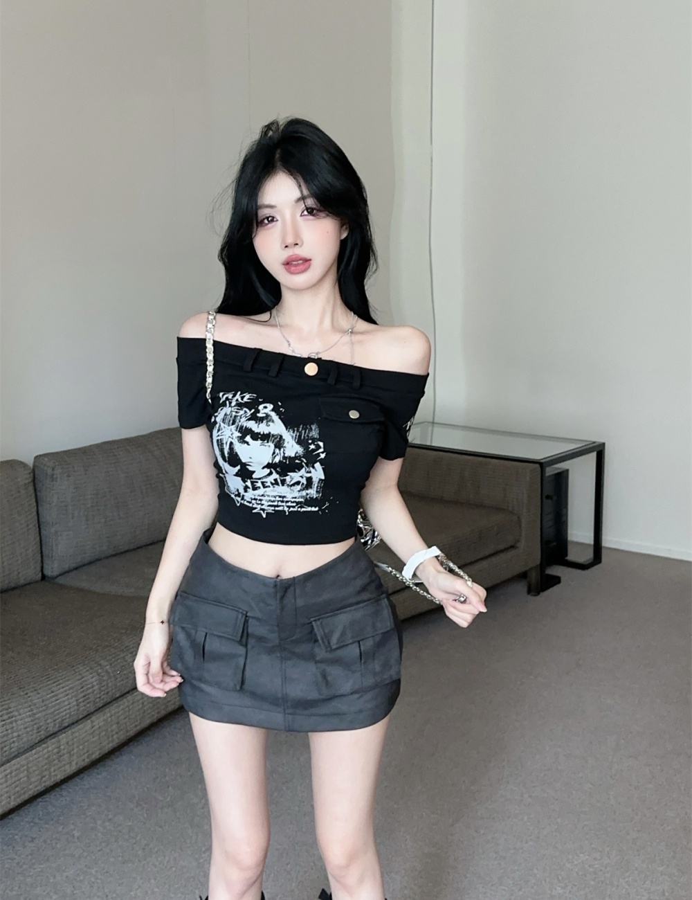 Short flat shoulder T-shirt printing tops a set for women