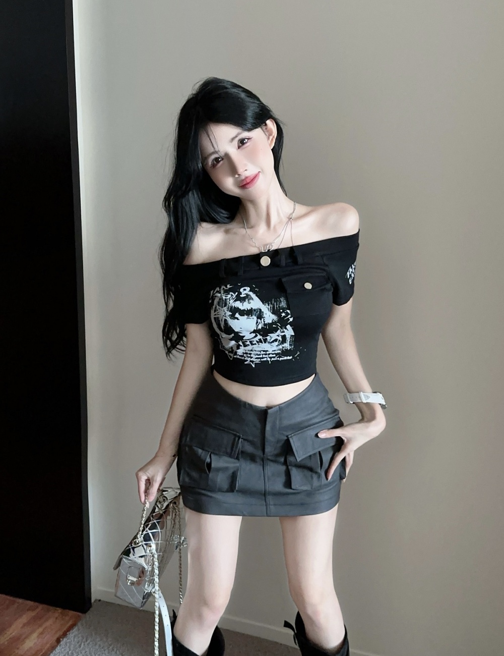 Short flat shoulder T-shirt printing tops a set for women