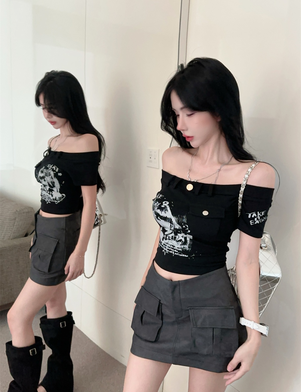 Short flat shoulder T-shirt printing tops a set for women