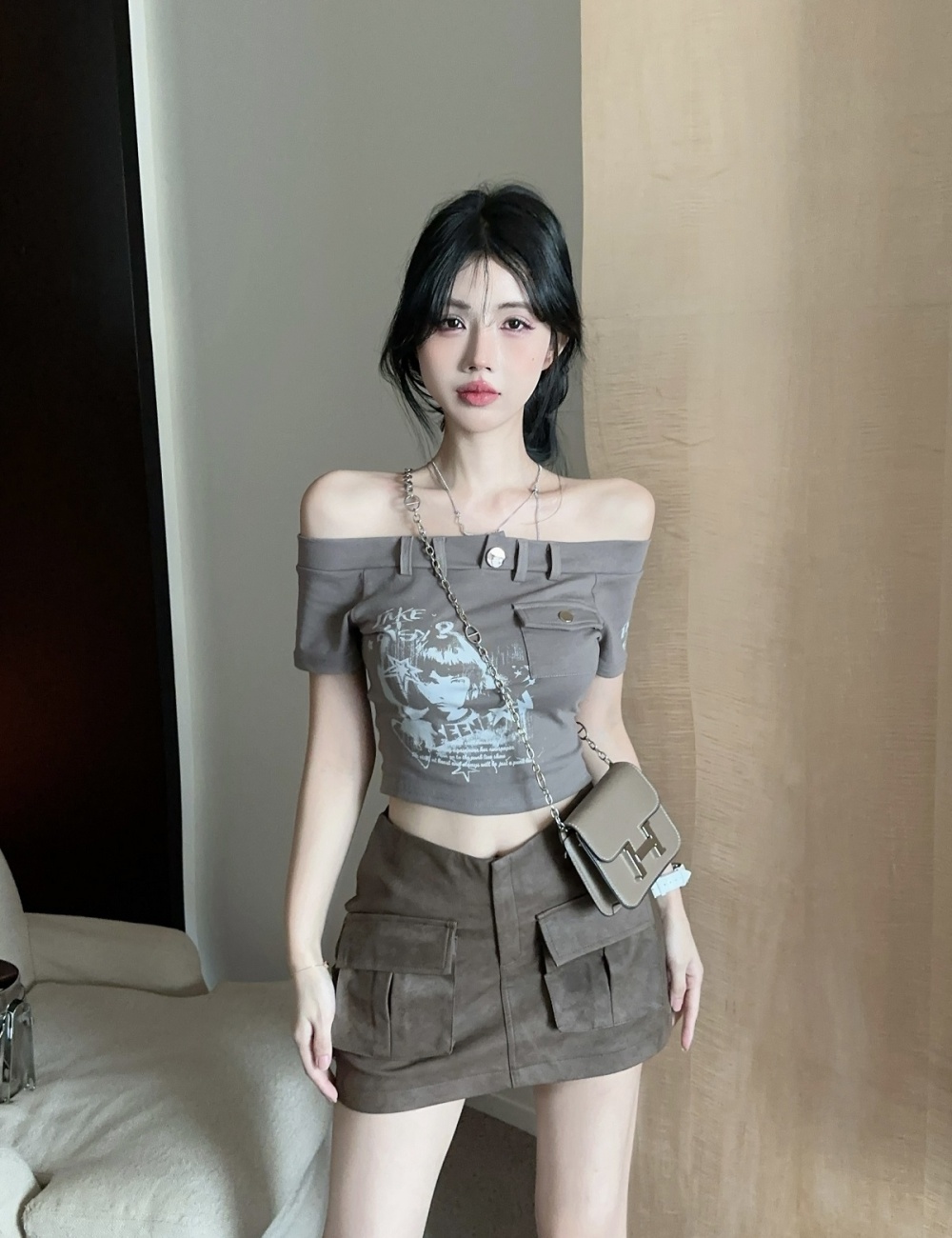 Short flat shoulder T-shirt printing tops a set for women