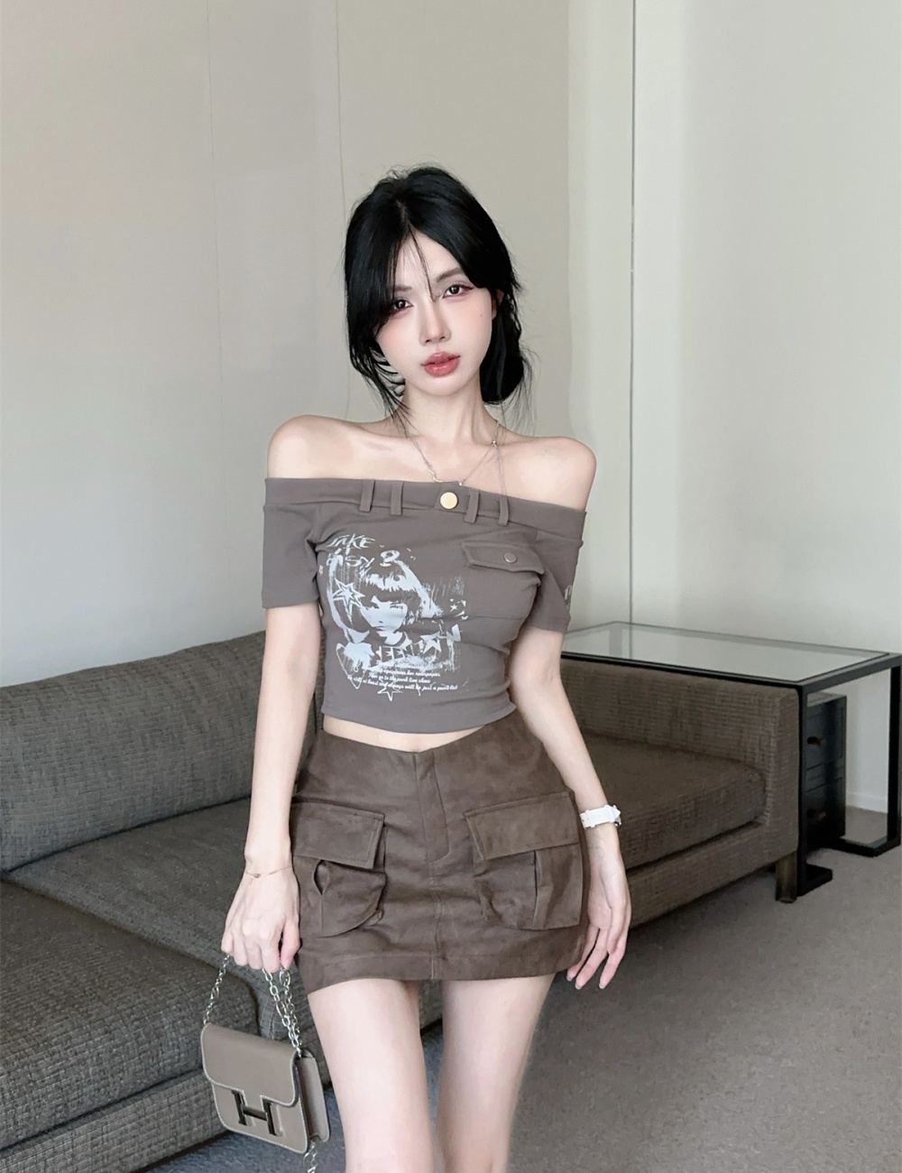 Short flat shoulder T-shirt printing tops a set for women