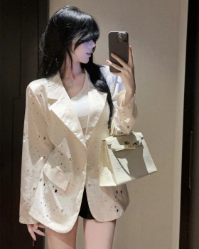 Rhinestone hollow business suit loose long coat for women