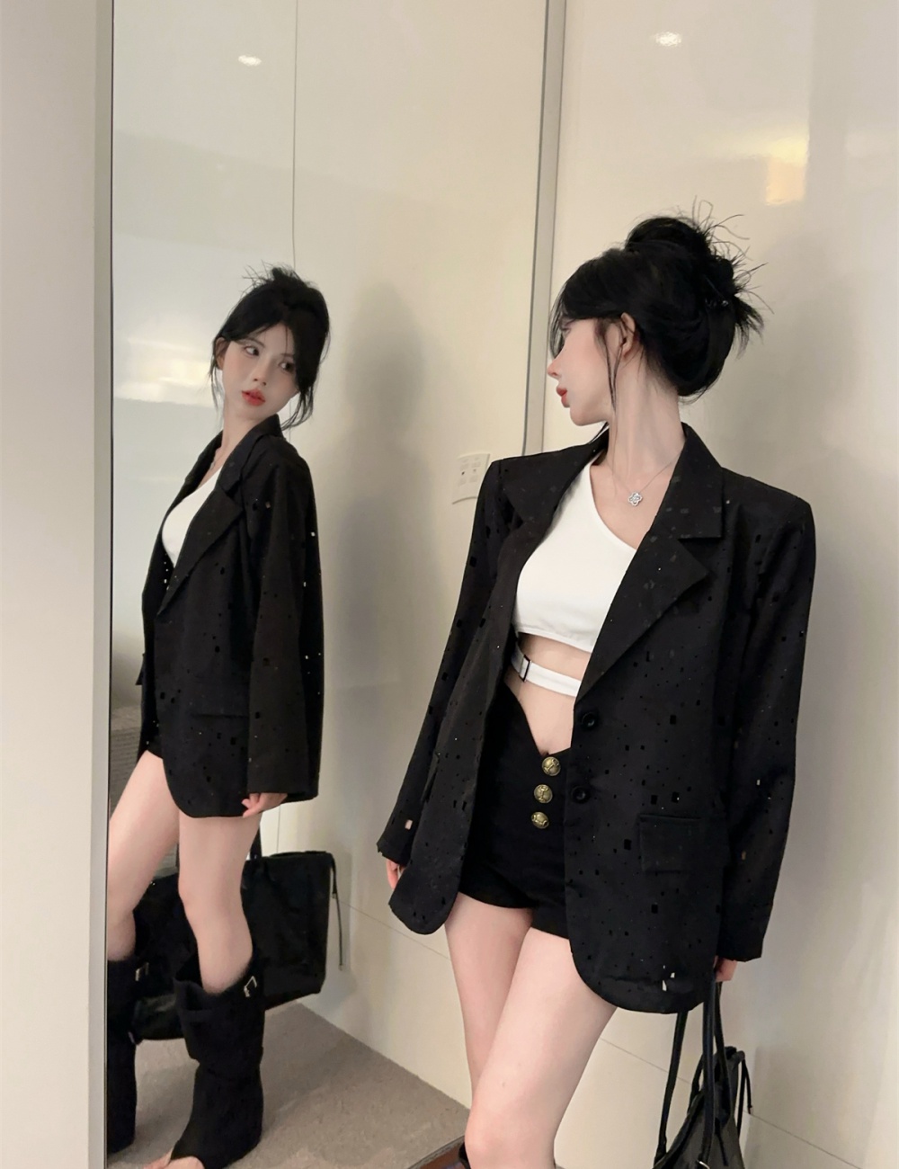 Rhinestone hollow business suit loose long coat for women