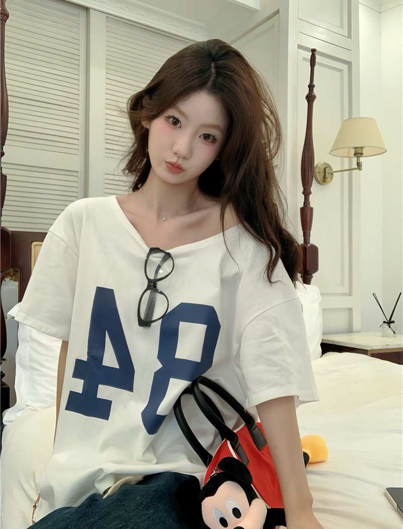 Printing loose Casual strapless all-match T-shirt