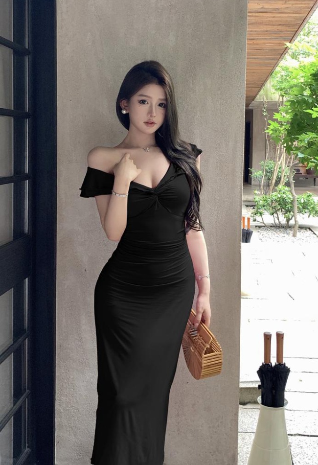 V-neck lotus leaf edges long dress tender dress for women