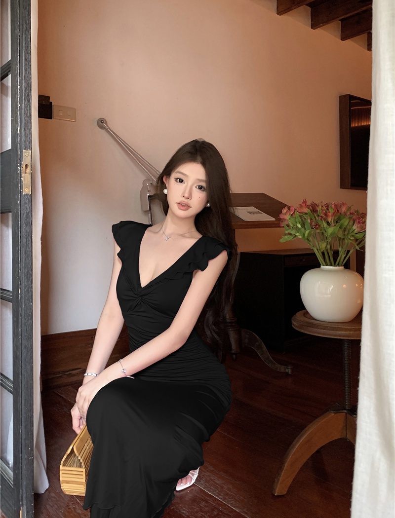 V-neck lotus leaf edges long dress tender dress for women