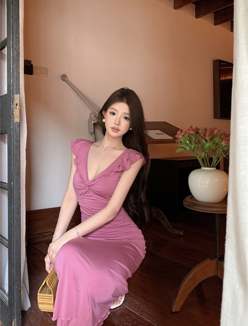 V-neck lotus leaf edges long dress tender dress for women