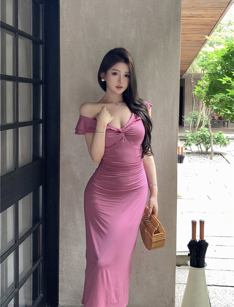 V-neck lotus leaf edges long dress tender dress for women