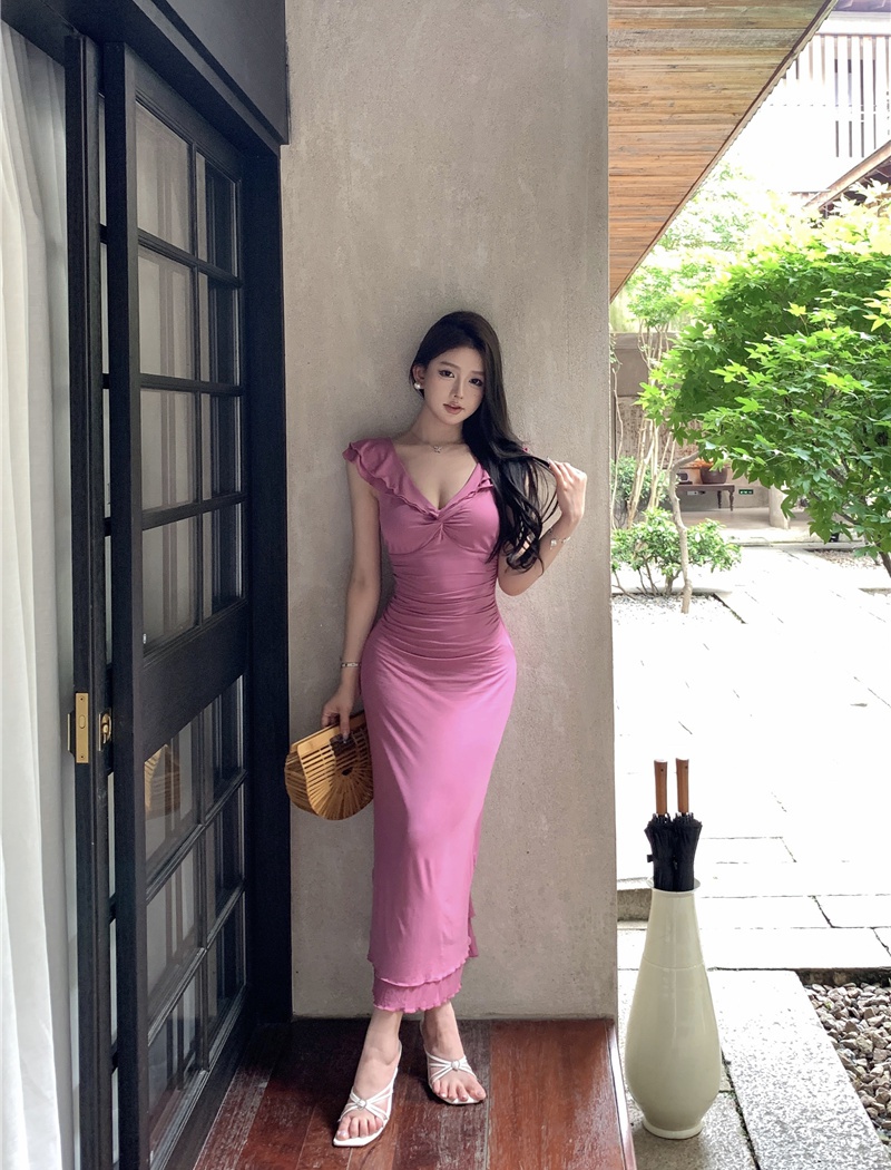 V-neck lotus leaf edges long dress tender dress for women