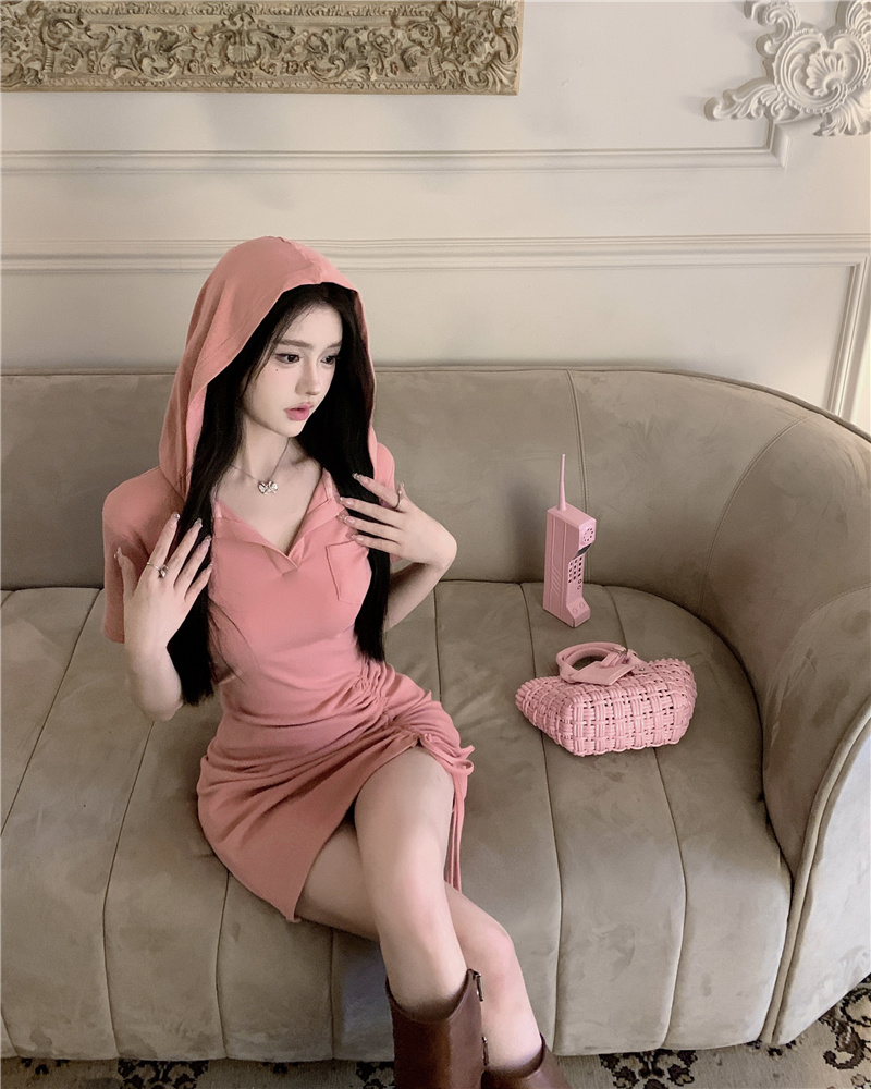 Pinched waist summer hooded fat fold V-neck dress