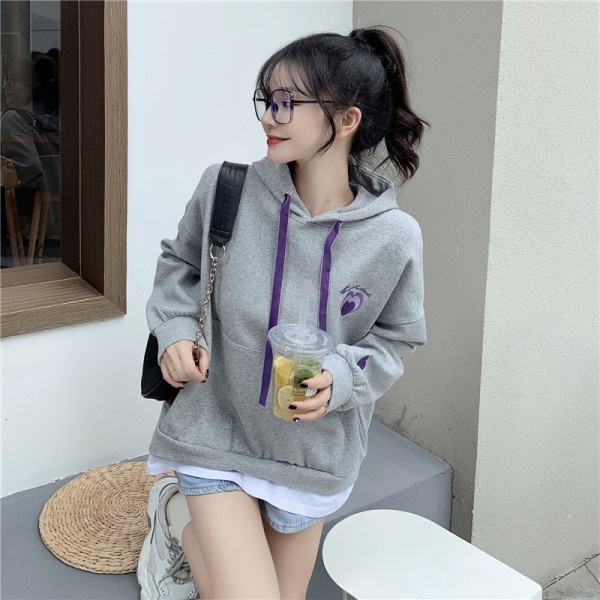 All-match Pseudo-two plus velvet hooded embroidery hoodie