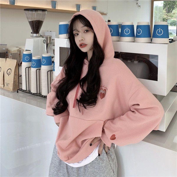 All-match Pseudo-two plus velvet hooded embroidery hoodie