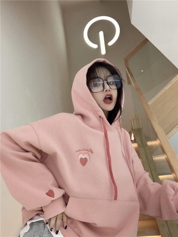 All-match Pseudo-two plus velvet hooded embroidery hoodie