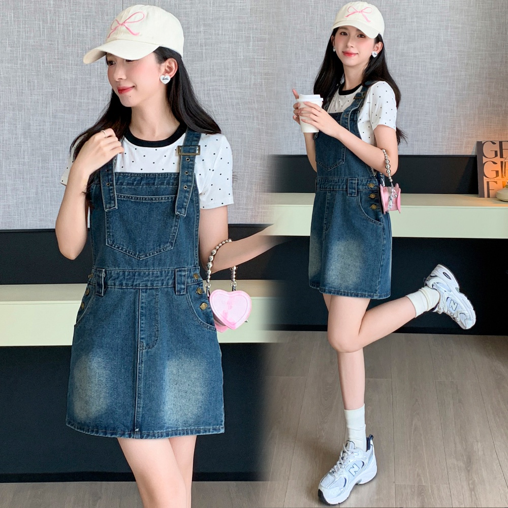 Retro short denim strap dress summer slim American style dress