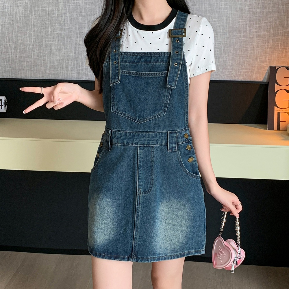 Retro short denim strap dress summer slim American style dress